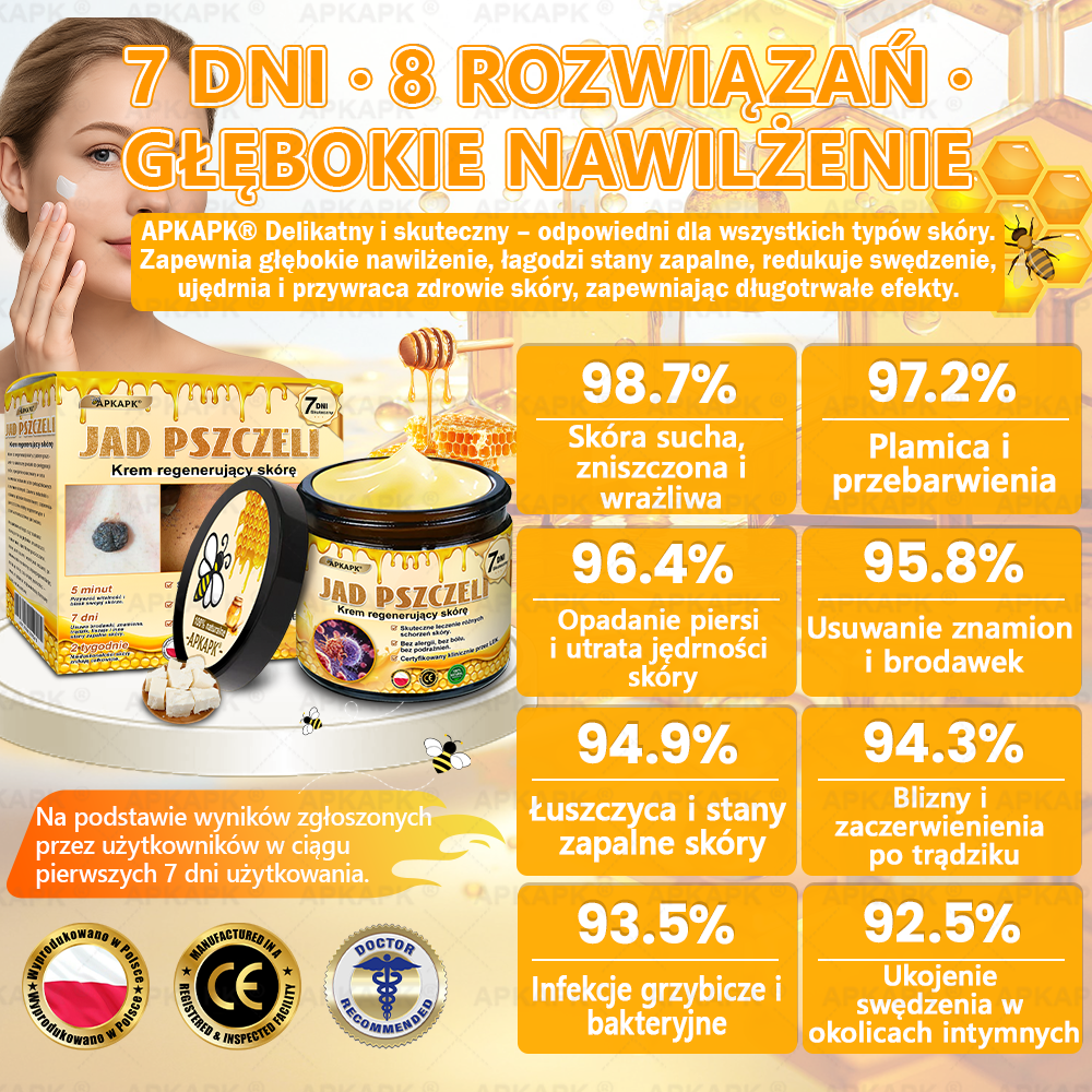 ✨ΑPΚΑPK® Jad Pszczoły Kompleksowy Krem✨pomaga w leczeniu problemów skórnych, takich jak: zmarszczki, blizny, plamy pigmentacyjne, rozstępy, trądzik, łuszczyca, egzema, zmiany skórne, podrażnienia, stany zapalne i inne problemy skórne🫏