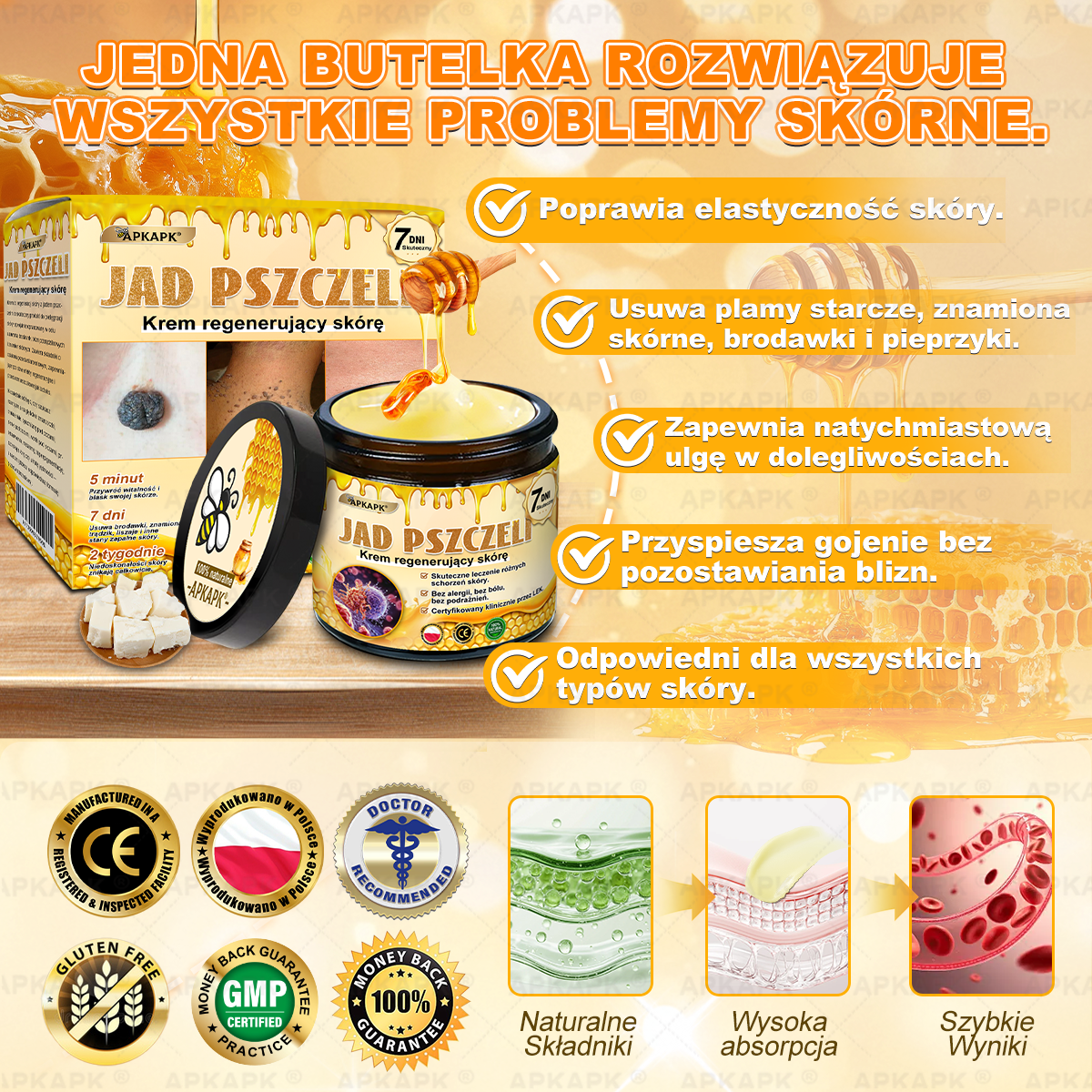 ✨ΑPΚΑPK® Jad Pszczoły Kompleksowy Krem✨pomaga w leczeniu problemów skórnych, takich jak: zmarszczki, blizny, plamy pigmentacyjne, rozstępy, trądzik, łuszczyca, egzema, zmiany skórne, podrażnienia, stany zapalne i inne problemy skórne🫏